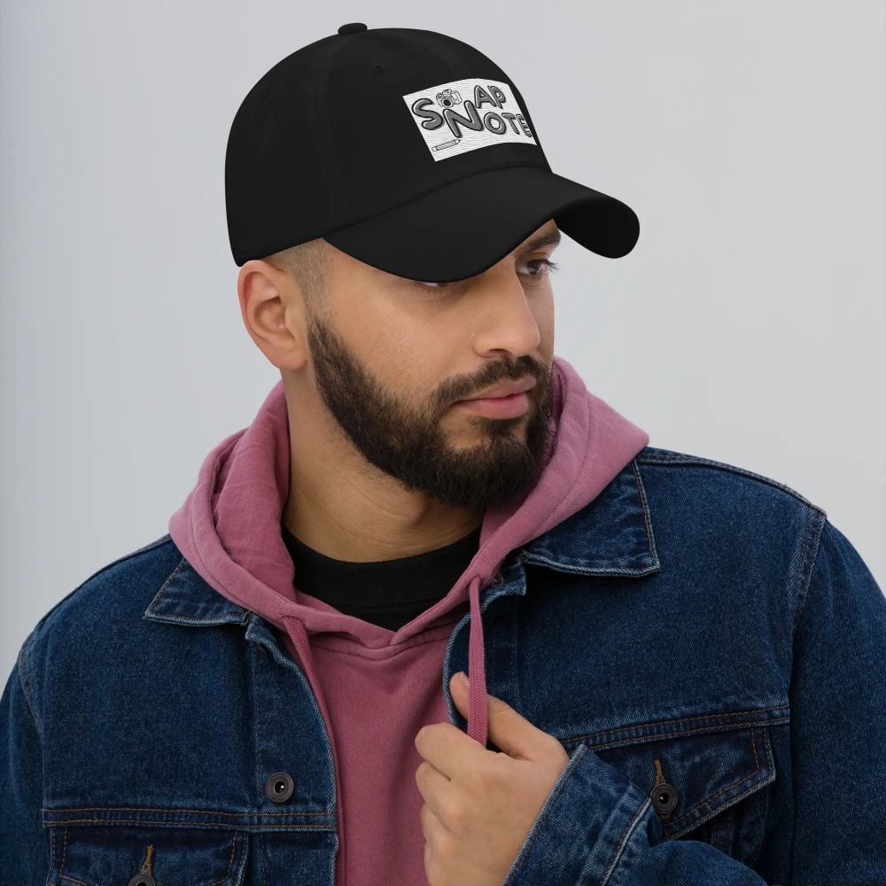 Man supermodel wearing Baseball Cap Men Women Teens Unisex - Chino Cotton Twill - Brand Logo Pattern One-Size-Fits-All - Black - 39.90 - SnapNote streetwear