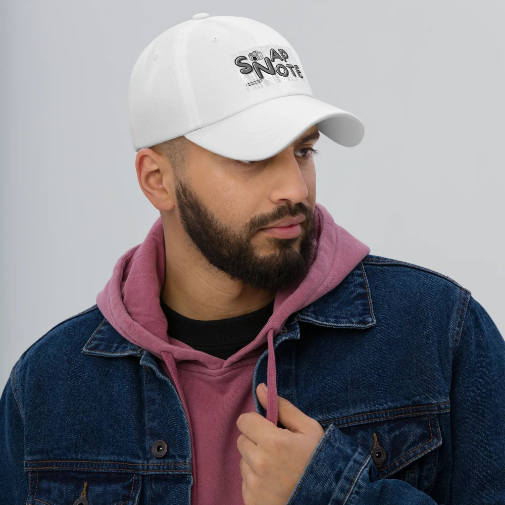 Man supermodel wearing Baseball Cap Men Women Teens Unisex - Chino Cotton Twill - Brand Logo Pattern One-Size-Fits-All - White - 39.90 - SnapNote streetwear