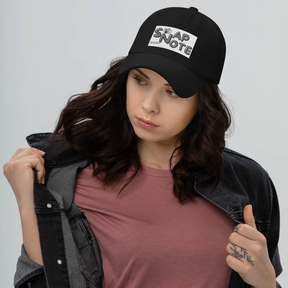 Woman supermodel wearing Baseball Cap Men Women Teens Unisex - Chino Cotton Twill - Brand Logo Pattern One-Size-Fits-All - Black - 39.90 - SnapNote streetwear