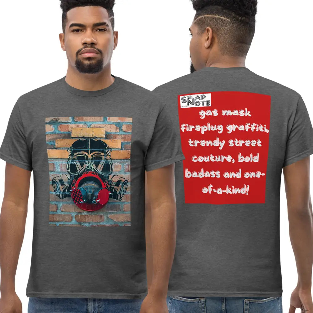 Man supermodel wearing T-Shirt TShirt Tee Men Women Teens Unisex Heavy Cotton Round Neck - badass gas mask graffiti red pattern - Dark-Heather - 34.90 - SnapNote streetwear