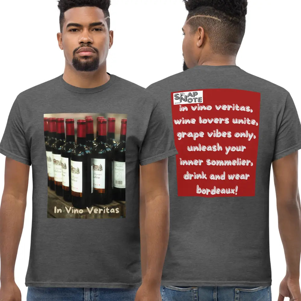 Man supermodel wearing T-Shirt TShirt Tee Men Women Teens Unisex Heavy Cotton Round Neck - bordeaux wine bottles maroon pattern - Dark-Heather - 34.90 - SnapNote streetwear