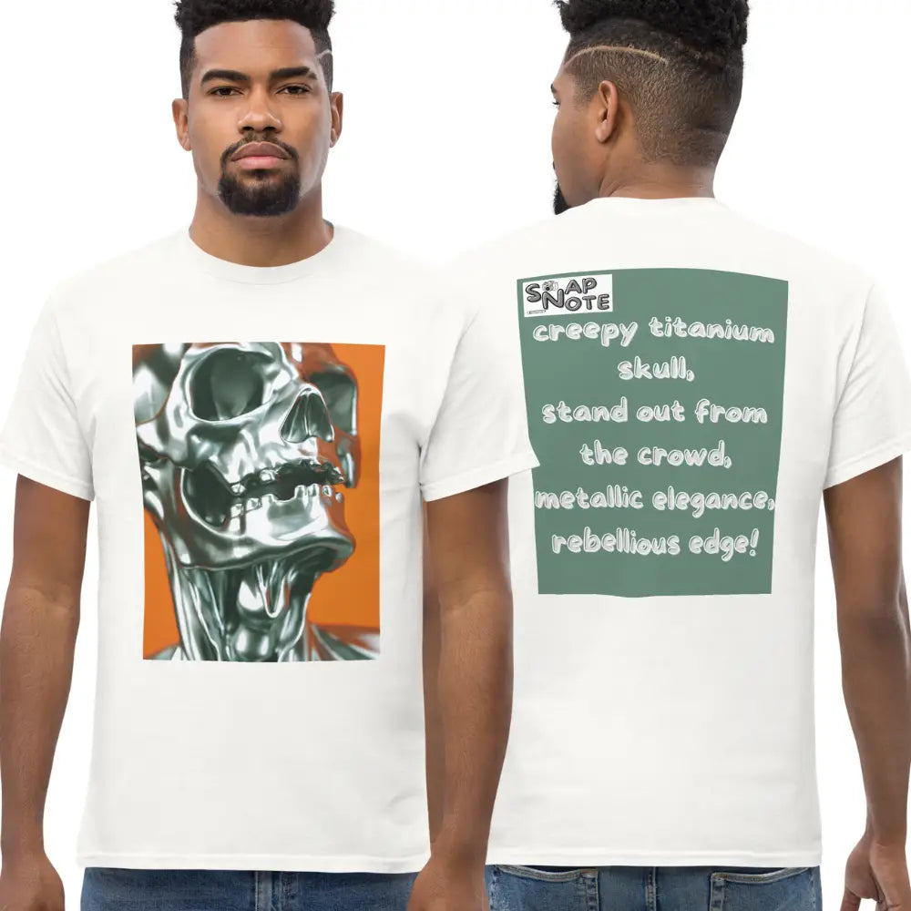 Man supermodel wearing T-Shirt TShirt Tee Men Women Teens Unisex Heavy Cotton Round Neck - skeleton skull metallic green pattern - White - 34.90 - SnapNote streetwear