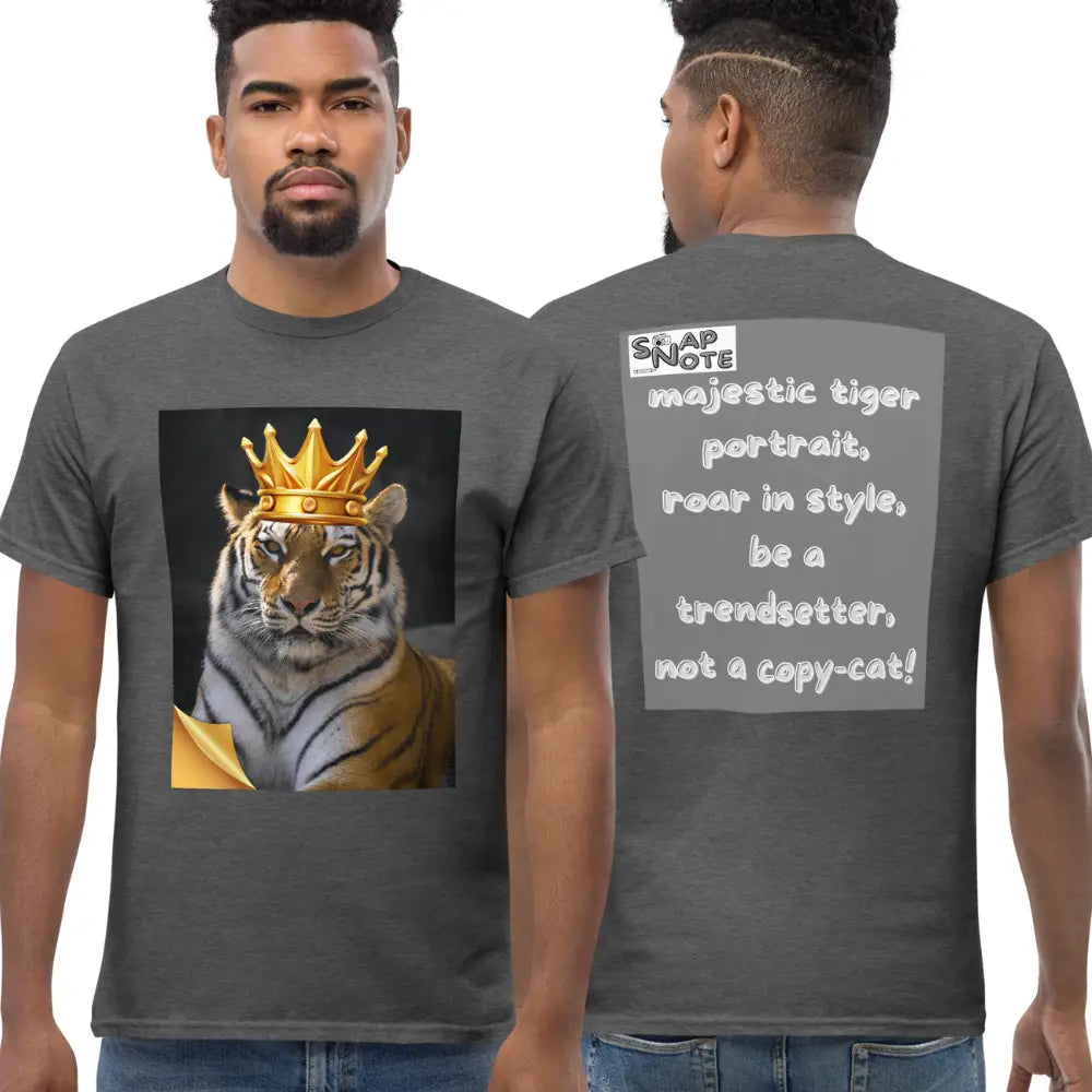 Man supermodel wearing T-Shirt TShirt Tee Men Women Teens Unisex Heavy Cotton Round Neck - animal feline crown tiger grey pattern - Dark-Heather - 34.90 - SnapNote streetwear