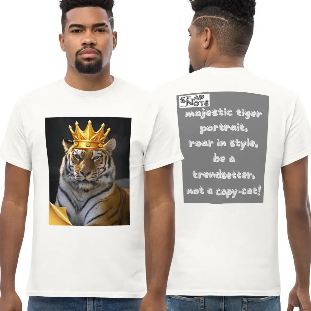 Man supermodel wearing T-Shirt TShirt Tee Men Women Teens Unisex Heavy Cotton Round Neck - animal feline crown tiger grey pattern - White - 34.90 - SnapNote streetwear