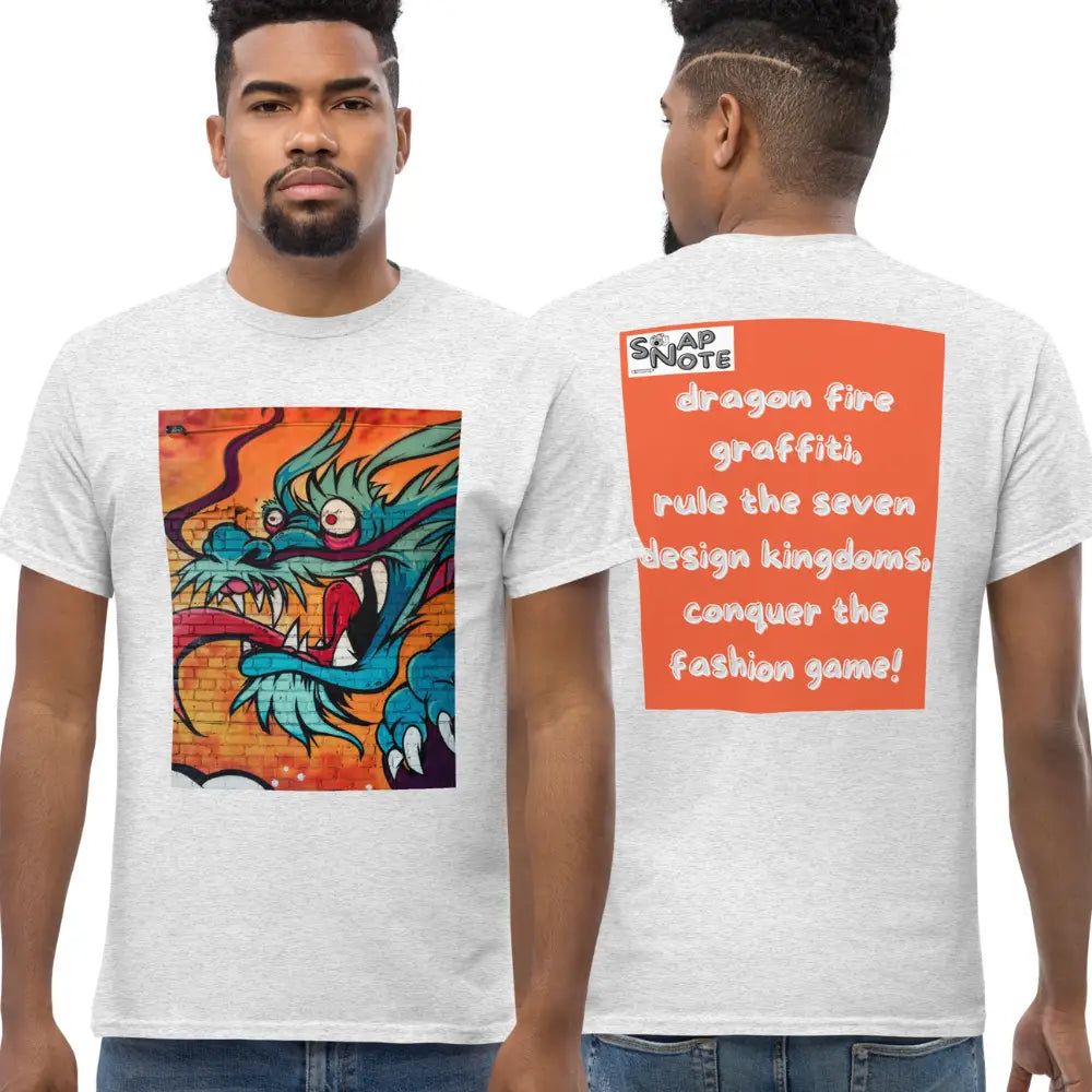 Man supermodel wearing T-Shirt TShirt Tee Men Women Teens Unisex Heavy Cotton Round Neck - dragon science-fiction graffiti orange pattern - Ash - 34.90 - SnapNote streetwear