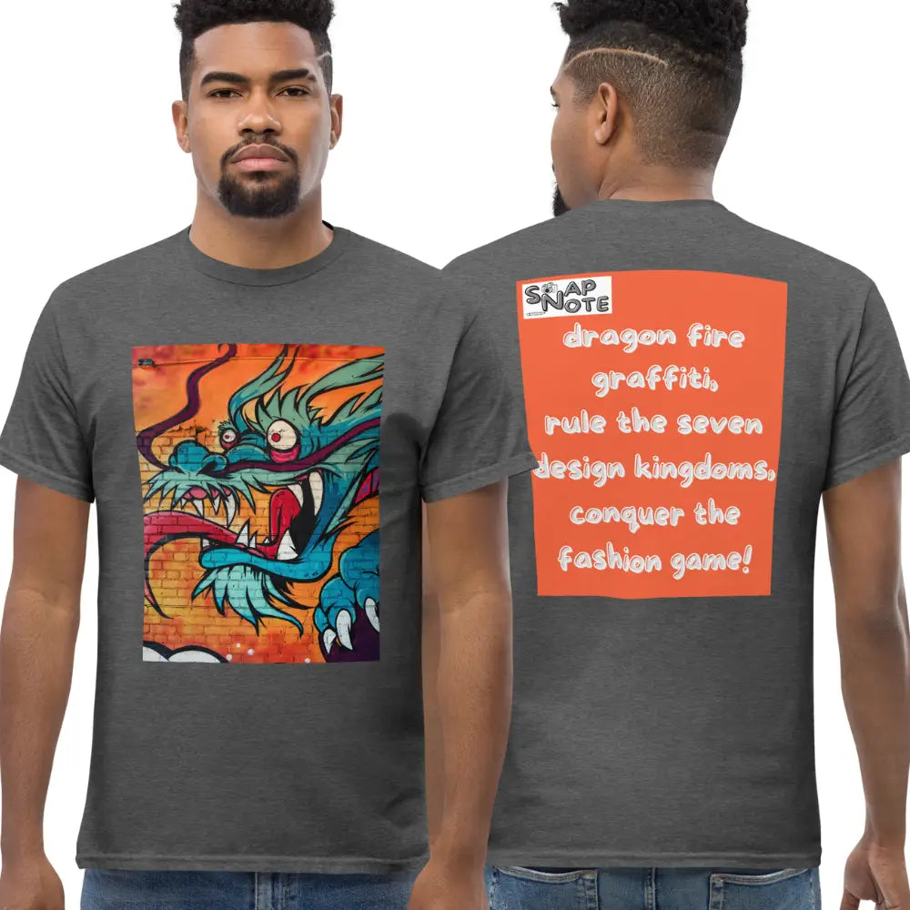 Man supermodel wearing T-Shirt TShirt Tee Men Women Teens Unisex Heavy Cotton Round Neck - dragon science-fiction graffiti orange pattern - Dark-Heather - 34.90 - SnapNote streetwear