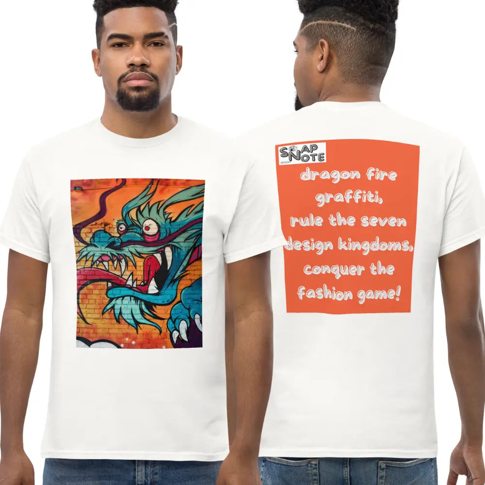 Man supermodel wearing T-Shirt TShirt Tee Men Women Teens Unisex Heavy Cotton Round Neck - dragon science-fiction graffiti orange pattern - White - 34.90 - SnapNote streetwear