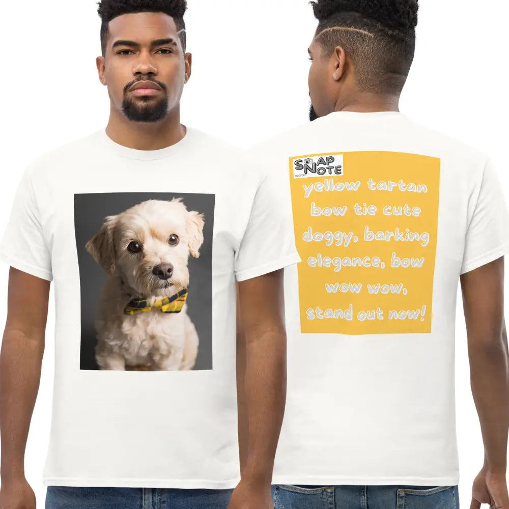 Man supermodel wearing T-Shirt TShirt Tee Men Women Teens Unisex Heavy Cotton Round Neck - animal pet elegant doggy yellow pattern - White - 34.90 - SnapNote streetwear