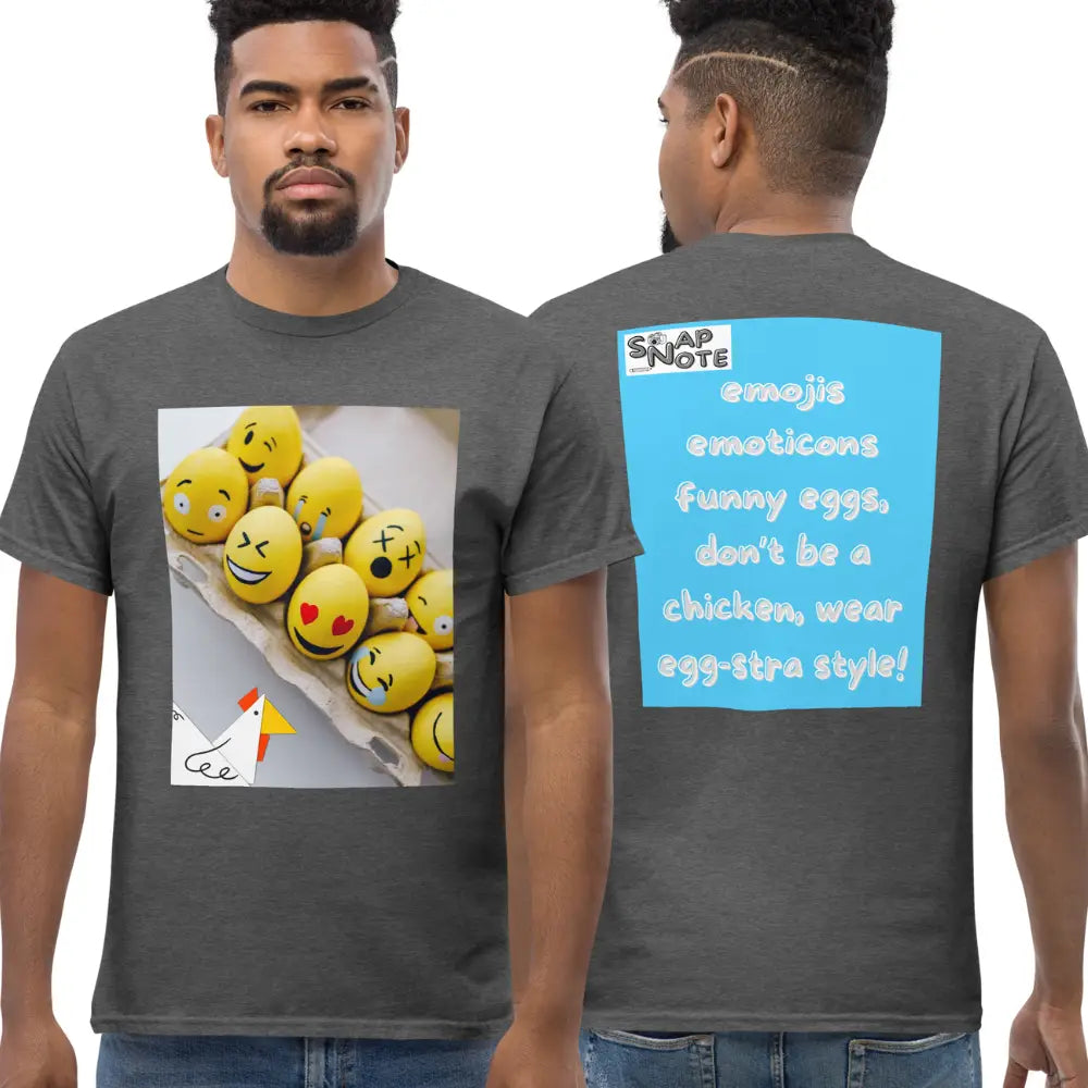 Man supermodel wearing T-Shirt TShirt Tee Men Women Teens Unisex Heavy Cotton Round Neck - emoji emoticon eggs chicken blue pattern - Dark-Heather - 34.90 - SnapNote streetwear