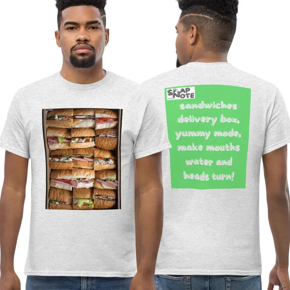 Man supermodel wearing T-Shirt TShirt Tee Men Women Teens Unisex Heavy Cotton Round Neck - fast-food delivery box sandwiches green pattern - Ash - 34.90 - SnapNote streetwear