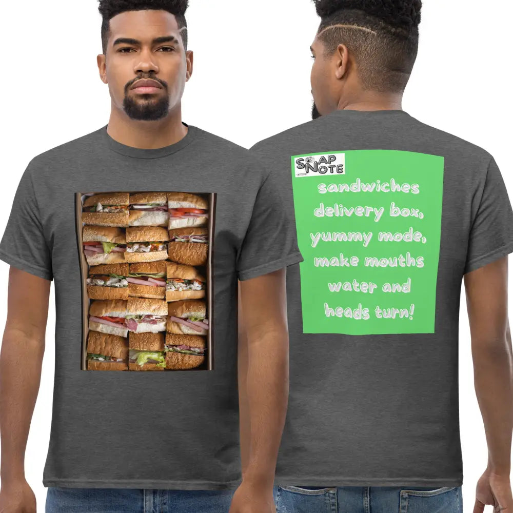 Man supermodel wearing T-Shirt TShirt Tee Men Women Teens Unisex Heavy Cotton Round Neck - fast-food delivery box sandwiches green pattern - Dark-Heather - 34.90 - SnapNote streetwear