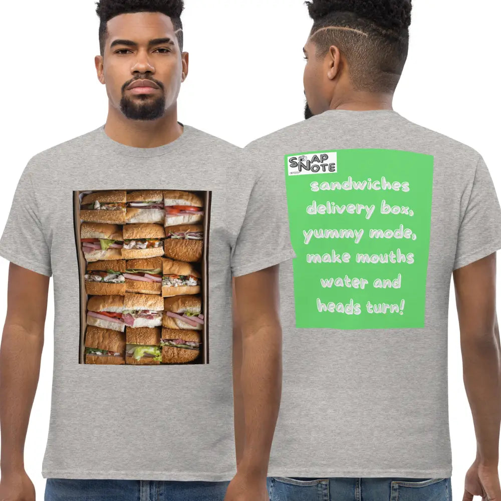 Man supermodel wearing T-Shirt TShirt Tee Men Women Teens Unisex Heavy Cotton Round Neck - fast-food delivery box sandwiches green pattern - Sport-Grey - 34.90 - SnapNote streetwear