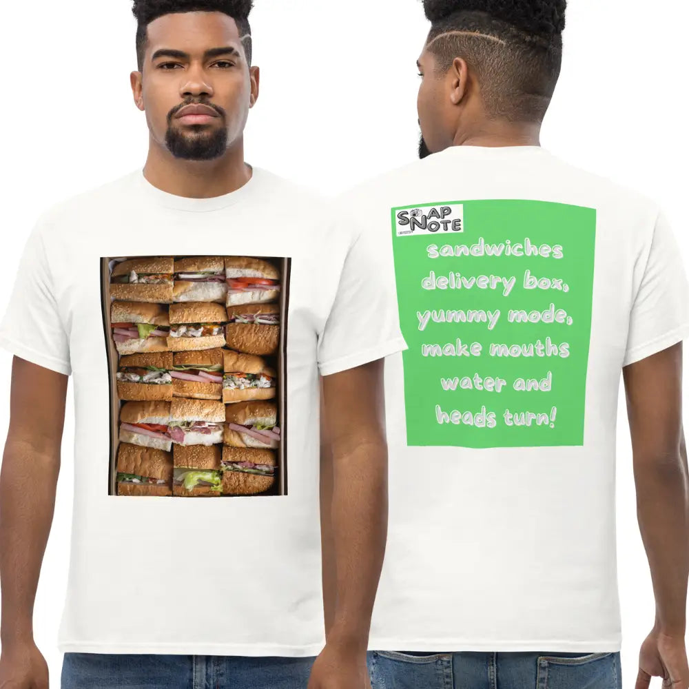 Man supermodel wearing T-Shirt TShirt Tee Men Women Teens Unisex Heavy Cotton Round Neck - fast-food delivery box sandwiches green pattern - White - 34.90 - SnapNote streetwear