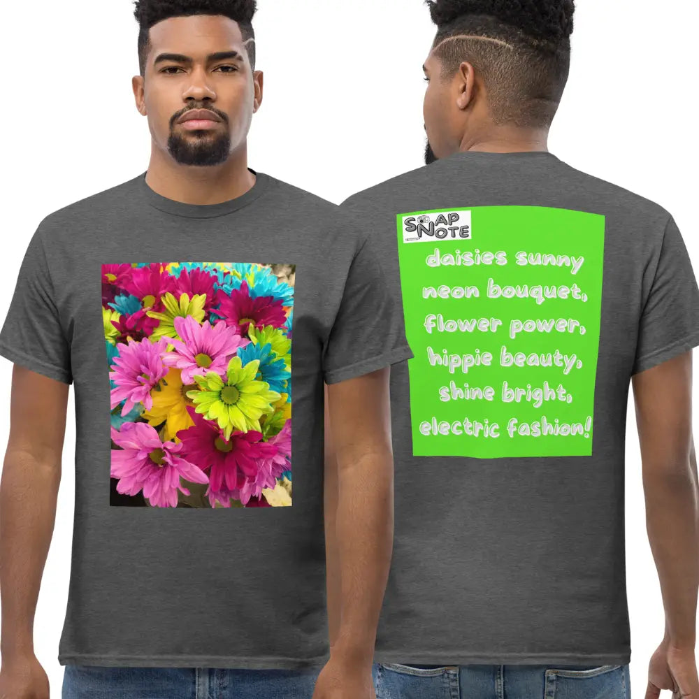 Man supermodel wearing T-Shirt TShirt Tee Men Women Teens Unisex Heavy Cotton Round Neck - hippie chic flowers bouquet green pattern - Dark-Heather - 34.90 - SnapNote streetwear