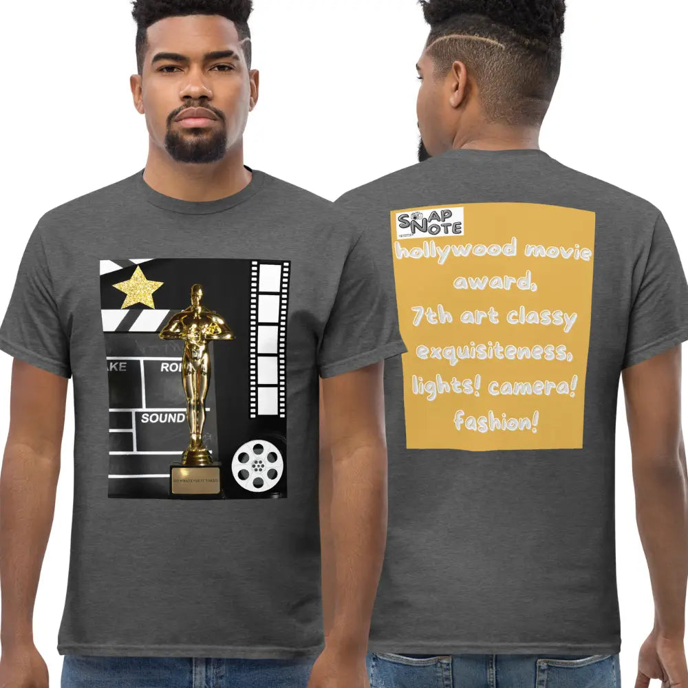 Man supermodel wearing T-Shirt TShirt Tee Men Women Teens Unisex Heavy Cotton Round Neck - hollywood movie film award gold pattern - Dark-Heather - 34.90 - SnapNote streetwear