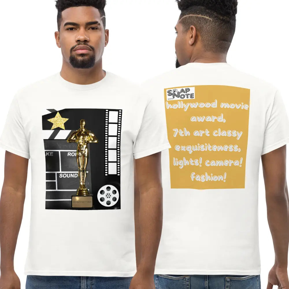 Man supermodel wearing T-Shirt TShirt Tee Men Women Teens Unisex Heavy Cotton Round Neck - hollywood movie film award gold pattern - White - 34.90 - SnapNote streetwear