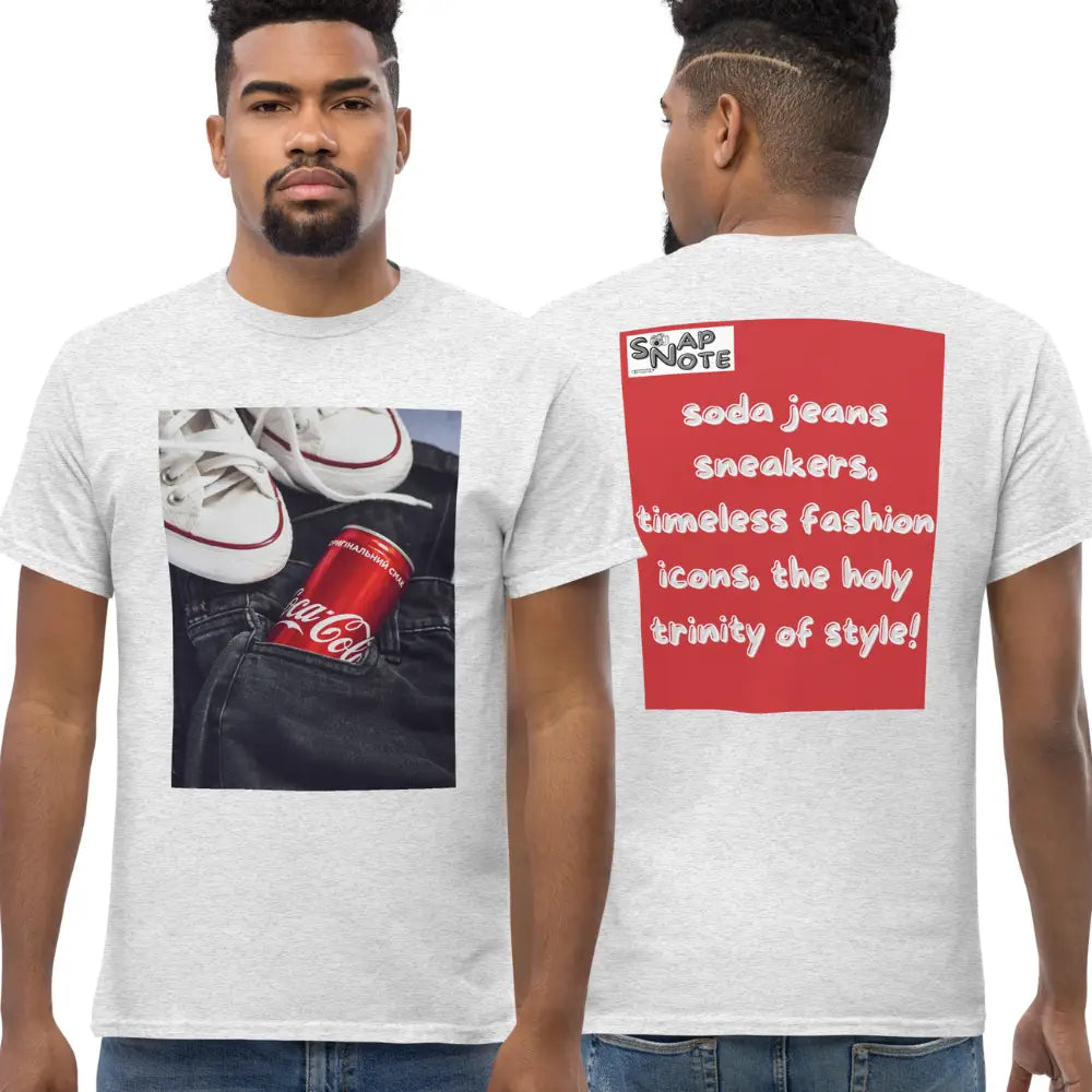 Man supermodel wearing T-Shirt TShirt Tee Men Women Teens Unisex Heavy Cotton Round Neck - iconic soda jeans sneakers red pattern - Ash - 34.90 - SnapNote streetwear