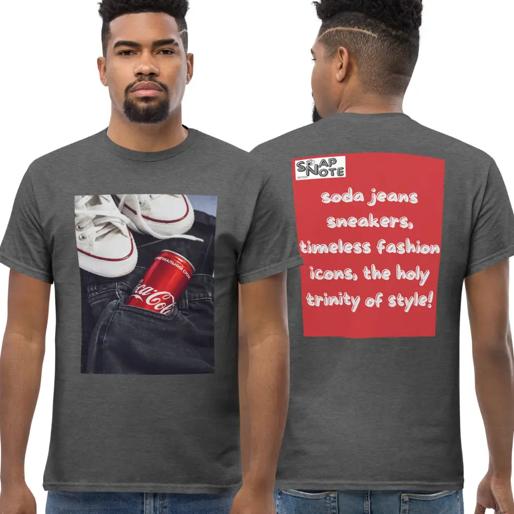 Man supermodel wearing T-Shirt TShirt Tee Men Women Teens Unisex Heavy Cotton Round Neck - iconic soda jeans sneakers red pattern - Dark-Heather - 34.90 - SnapNote streetwear