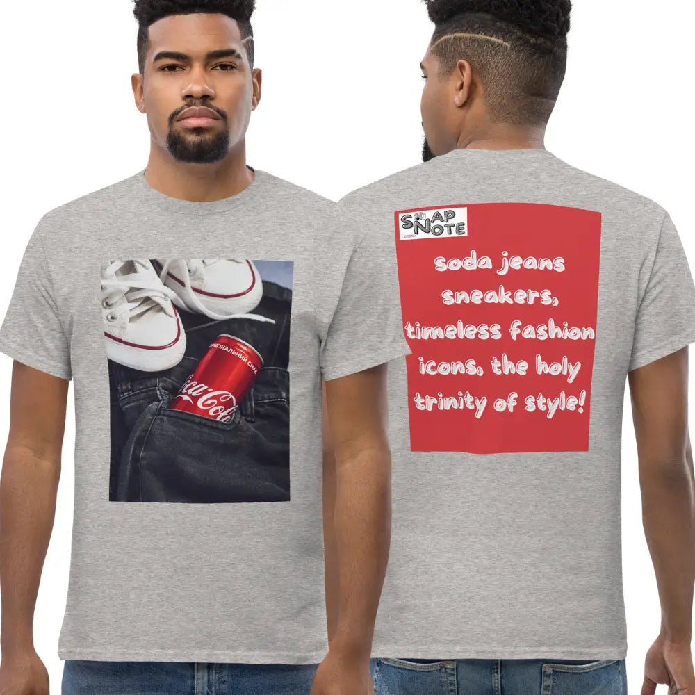 Man supermodel wearing T-Shirt TShirt Tee Men Women Teens Unisex Heavy Cotton Round Neck - iconic soda jeans sneakers red pattern - Sport-Grey - 34.90 - SnapNote streetwear