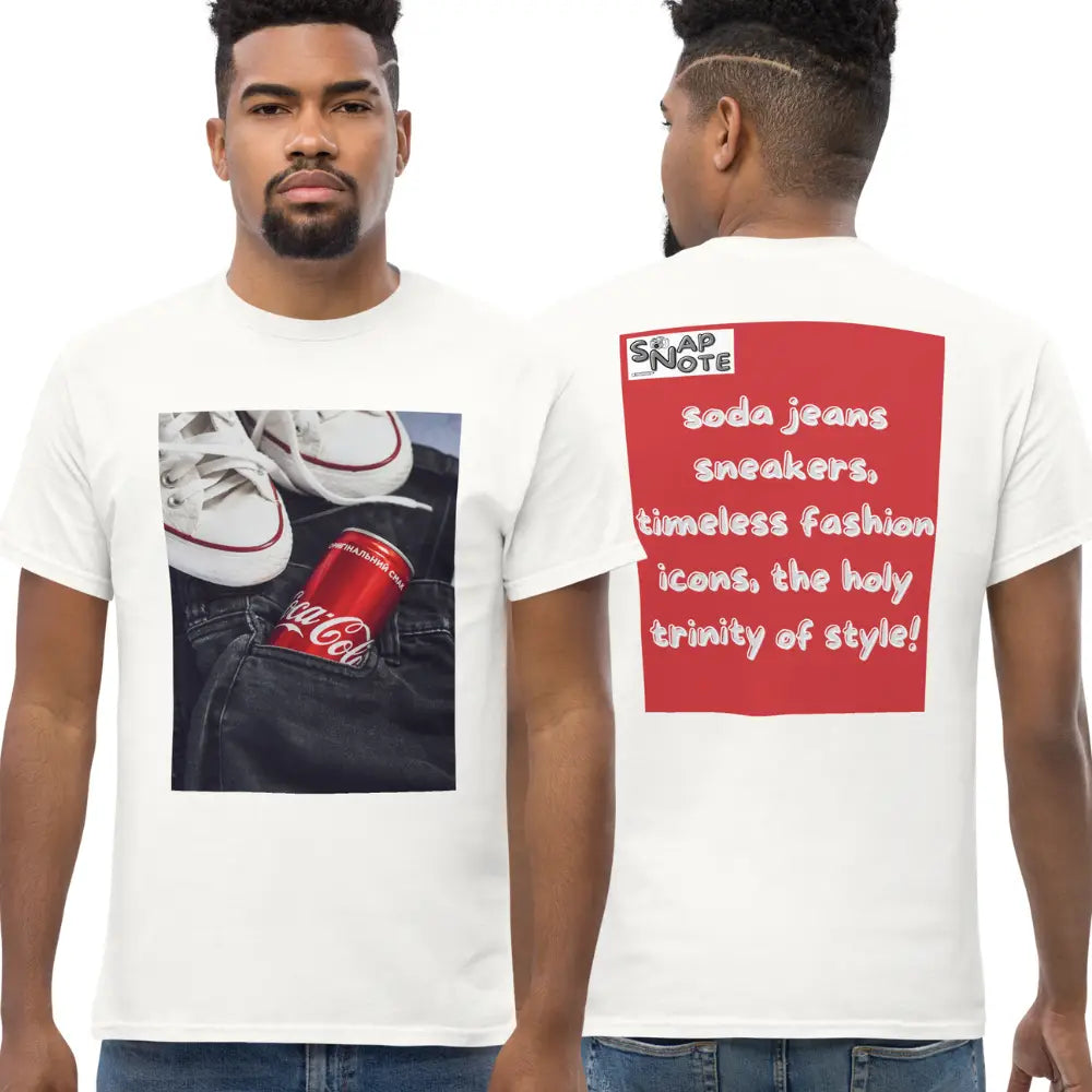 Man supermodel wearing T-Shirt TShirt Tee Men Women Teens Unisex Heavy Cotton Round Neck - iconic soda jeans sneakers red pattern - White - 34.90 - SnapNote streetwear