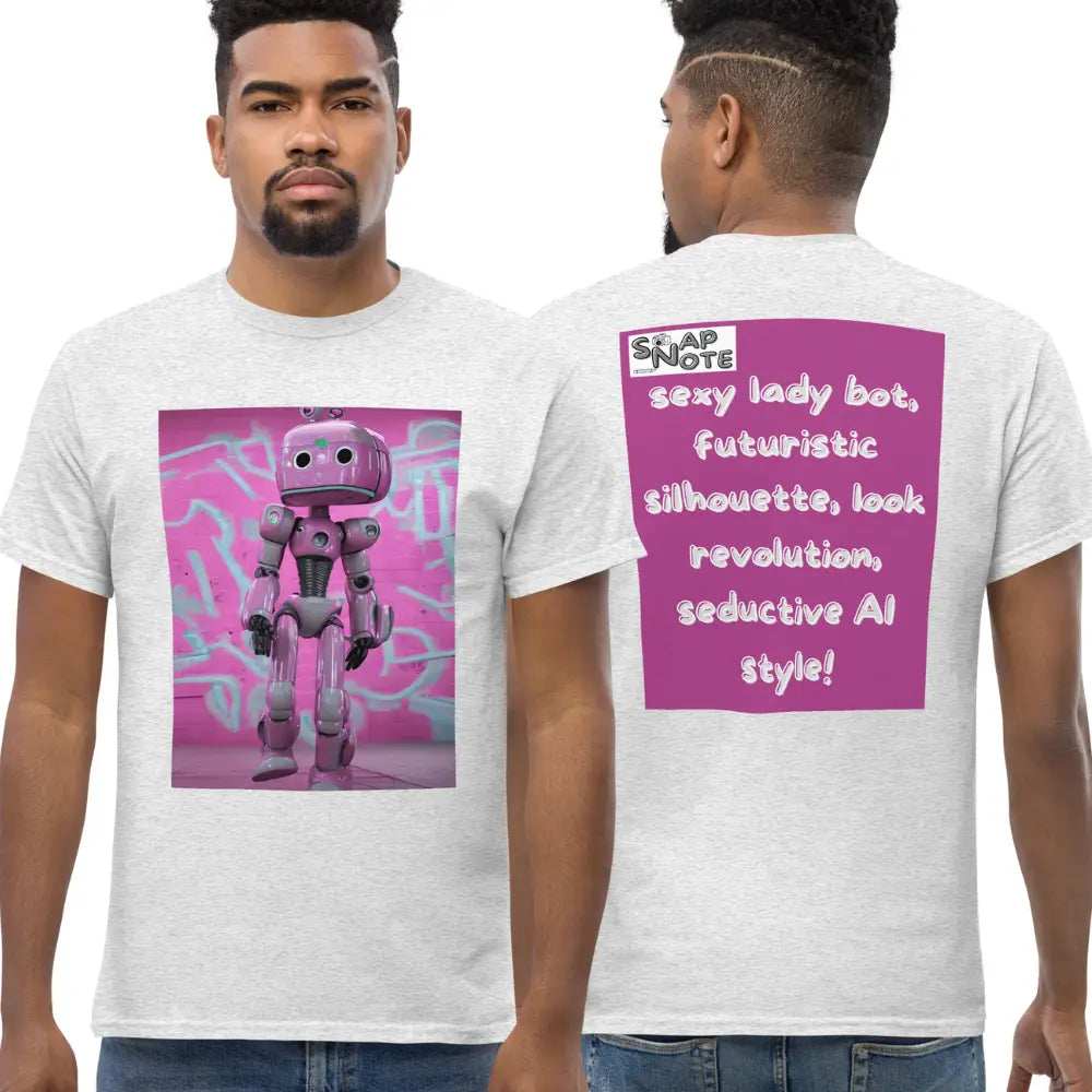 Man supermodel wearing T-Shirt TShirt Tee Men Women Teens Unisex Heavy Cotton Round Neck - lady robot artificial intelligence pink pattern - Ash - 34.90 - SnapNote streetwear