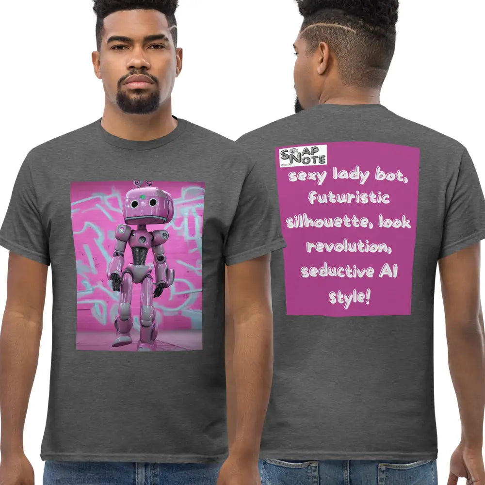 Man supermodel wearing T-Shirt TShirt Tee Men Women Teens Unisex Heavy Cotton Round Neck - lady robot artificial intelligence pink pattern - Dark-Heather - 34.90 - SnapNote streetwear