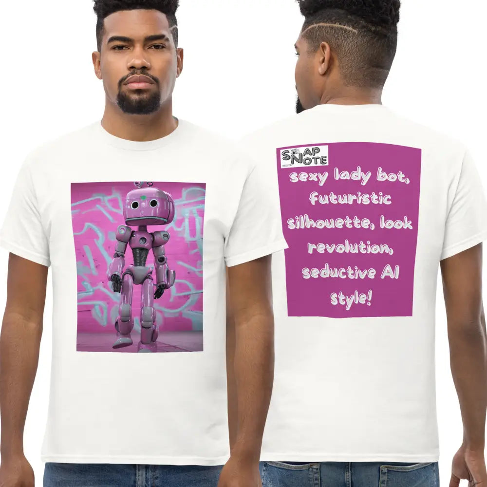 Man supermodel wearing T-Shirt TShirt Tee Men Women Teens Unisex Heavy Cotton Round Neck - lady robot artificial intelligence pink pattern - White - 34.90 - SnapNote streetwear