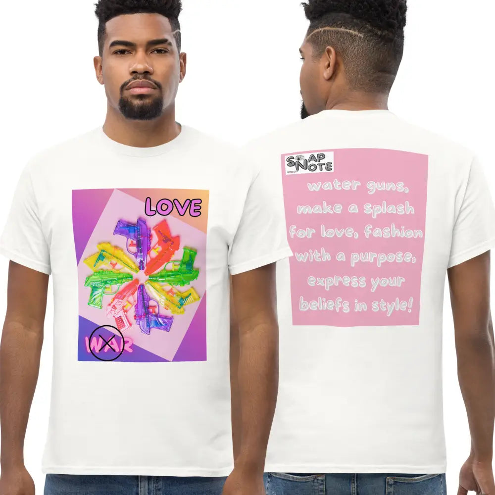 Man supermodel wearing T-Shirt TShirt Tee Men Women Teens Unisex Heavy Cotton Round Neck - love not war watergun peace pink pattern - White - 34.90 - SnapNote streetwear