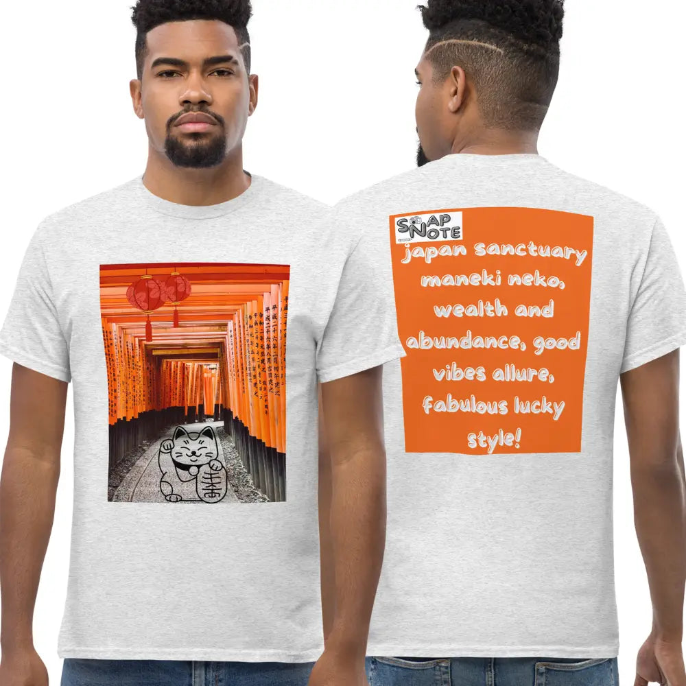 Man supermodel wearing T-Shirt TShirt Tee Men Women Teens Unisex Heavy Cotton Round Neck - maneki neko sanctuary japan orange pattern - Ash - 34.90 - SnapNote streetwear