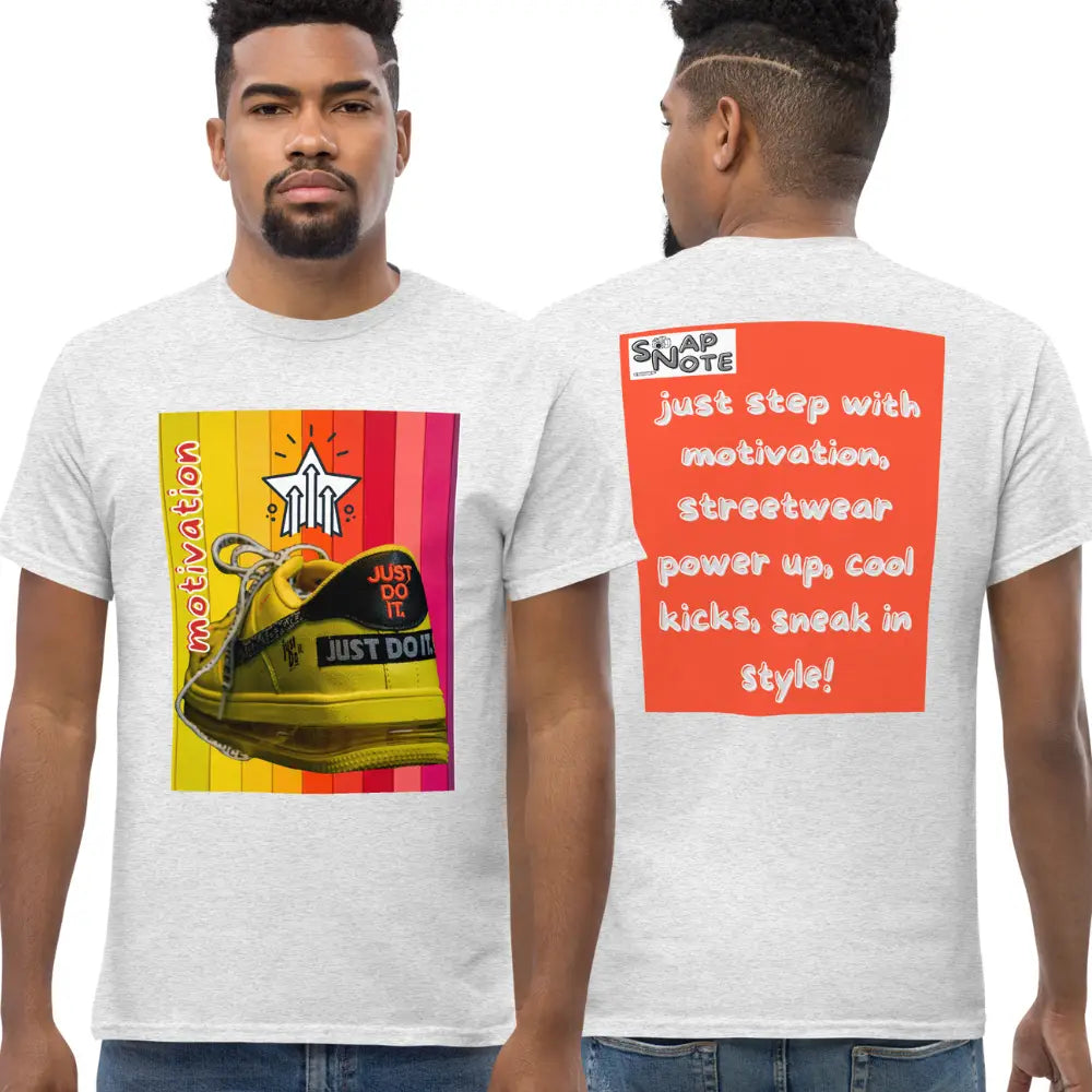 Man supermodel wearing T-Shirt TShirt Tee Men Women Teens Unisex Heavy Cotton Round Neck - motivation yellow leather sneaker orange pattern - Ash - 34.90 - SnapNote streetwear