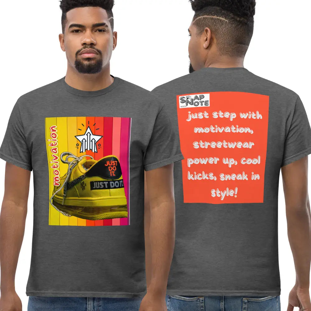 Man supermodel wearing T-Shirt TShirt Tee Men Women Teens Unisex Heavy Cotton Round Neck - motivation yellow leather sneaker orange pattern - Dark-Heather - 34.90 - SnapNote streetwear