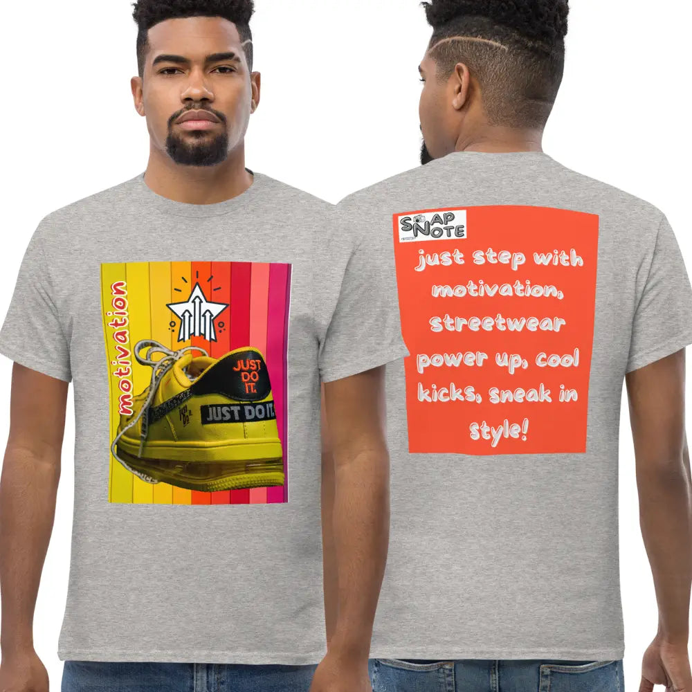 Man supermodel wearing T-Shirt TShirt Tee Men Women Teens Unisex Heavy Cotton Round Neck - motivation yellow leather sneaker orange pattern - Sport-Grey - 34.90 - SnapNote streetwear