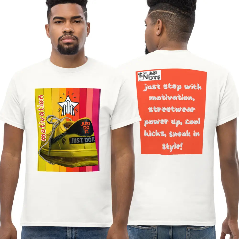 Man supermodel wearing T-Shirt TShirt Tee Men Women Teens Unisex Heavy Cotton Round Neck - motivation yellow leather sneaker orange pattern - White - 34.90 - SnapNote streetwear