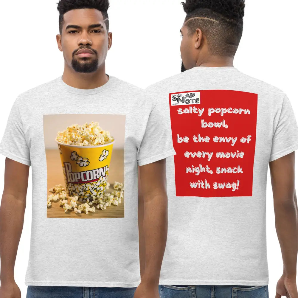 Man supermodel wearing T-Shirt TShirt Tee Men Women Teens Unisex Heavy Cotton Round Neck - movie night popcorn bowl red pattern - Ash - 34.90 - SnapNote streetwear