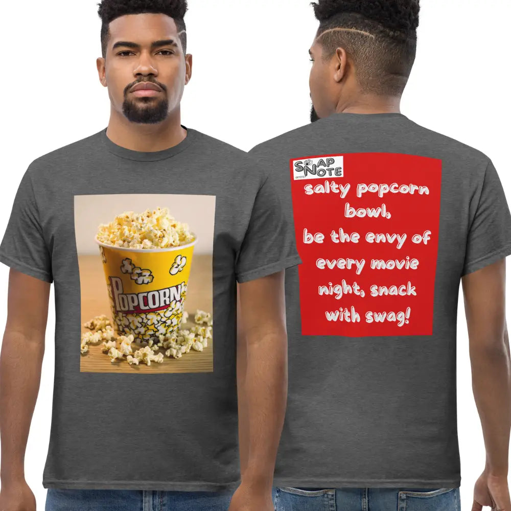 Man supermodel wearing T-Shirt TShirt Tee Men Women Teens Unisex Heavy Cotton Round Neck - movie night popcorn bowl red pattern - Dark-Heather - 34.90 - SnapNote streetwear