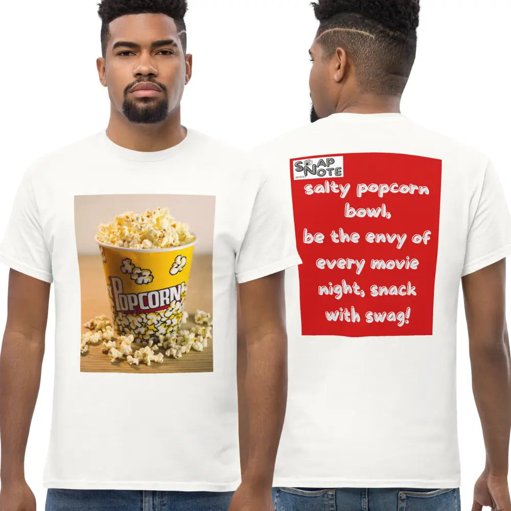 Man supermodel wearing T-Shirt TShirt Tee Men Women Teens Unisex Heavy Cotton Round Neck - movie night popcorn bowl red pattern - White - 34.90 - SnapNote streetwear