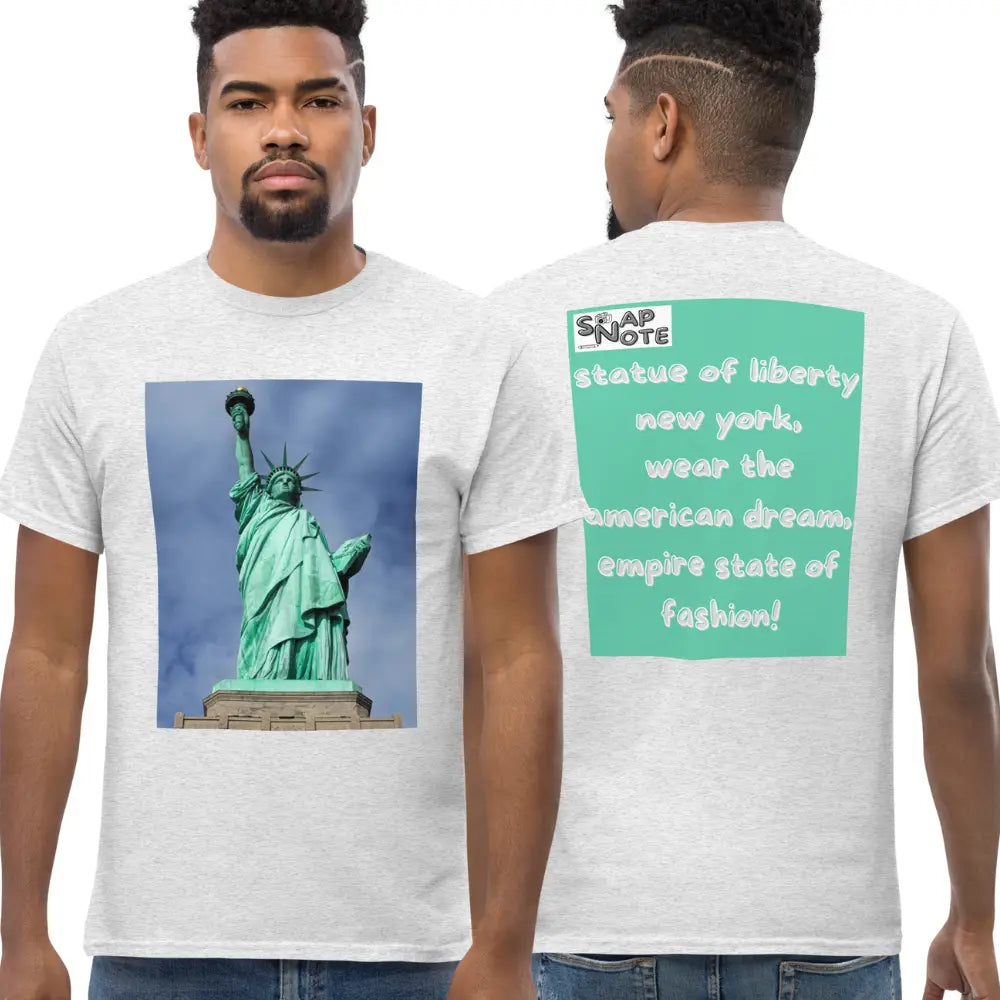 Man supermodel wearing T-Shirt TShirt Tee Men Women Teens Unisex Heavy Cotton Round Neck - statue liberty new york usa turquoise pattern - Ash - 34.90 - SnapNote streetwear