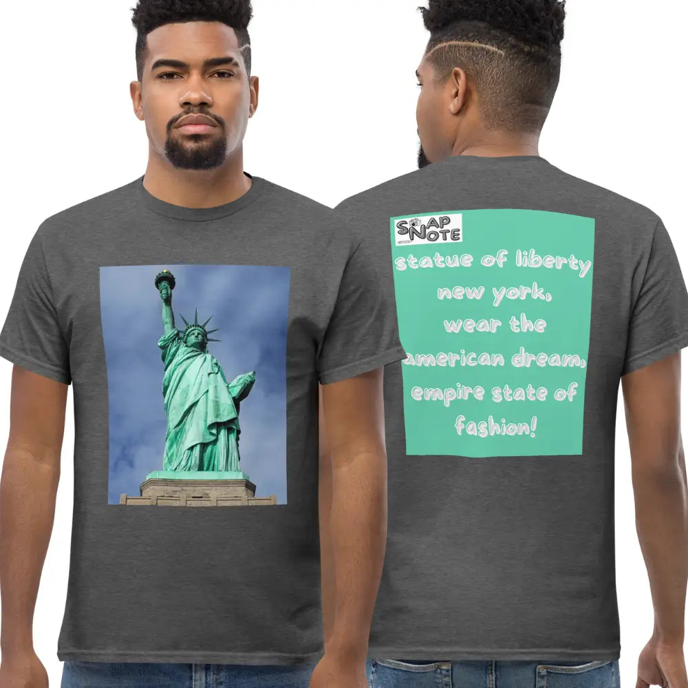 Man supermodel wearing T-Shirt TShirt Tee Men Women Teens Unisex Heavy Cotton Round Neck - statue liberty new york usa turquoise pattern - Dark-Heather - 34.90 - SnapNote streetwear