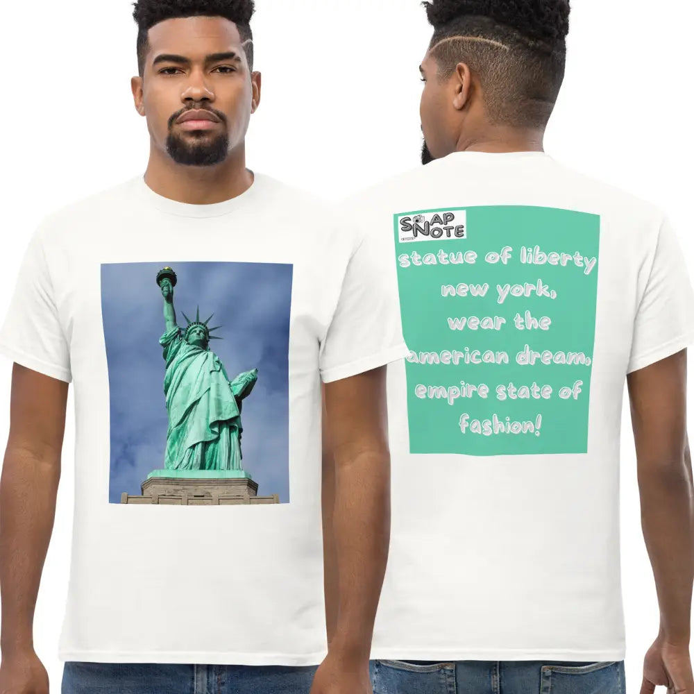 Man supermodel wearing T-Shirt TShirt Tee Men Women Teens Unisex Heavy Cotton Round Neck - statue liberty new york usa turquoise pattern - White - 34.90 - SnapNote streetwear