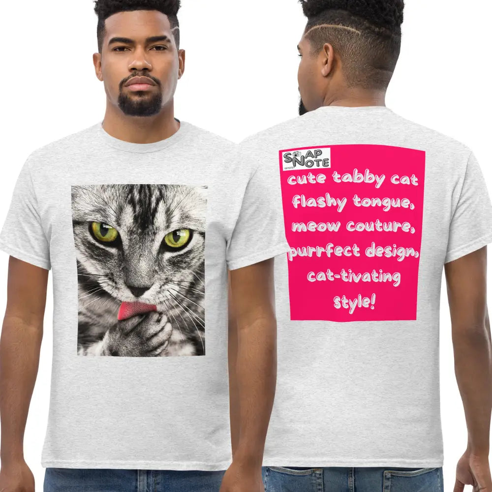 Man supermodel wearing T-Shirt TShirt Tee Men Women Teens Unisex Heavy Cotton Round Neck - animal pet tabby cat pink pattern - Ash - 34.90 - SnapNote streetwear