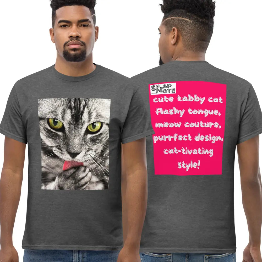 Man supermodel wearing T-Shirt TShirt Tee Men Women Teens Unisex Heavy Cotton Round Neck - animal pet tabby cat pink pattern - Dark-Heather - 34.90 - SnapNote streetwear