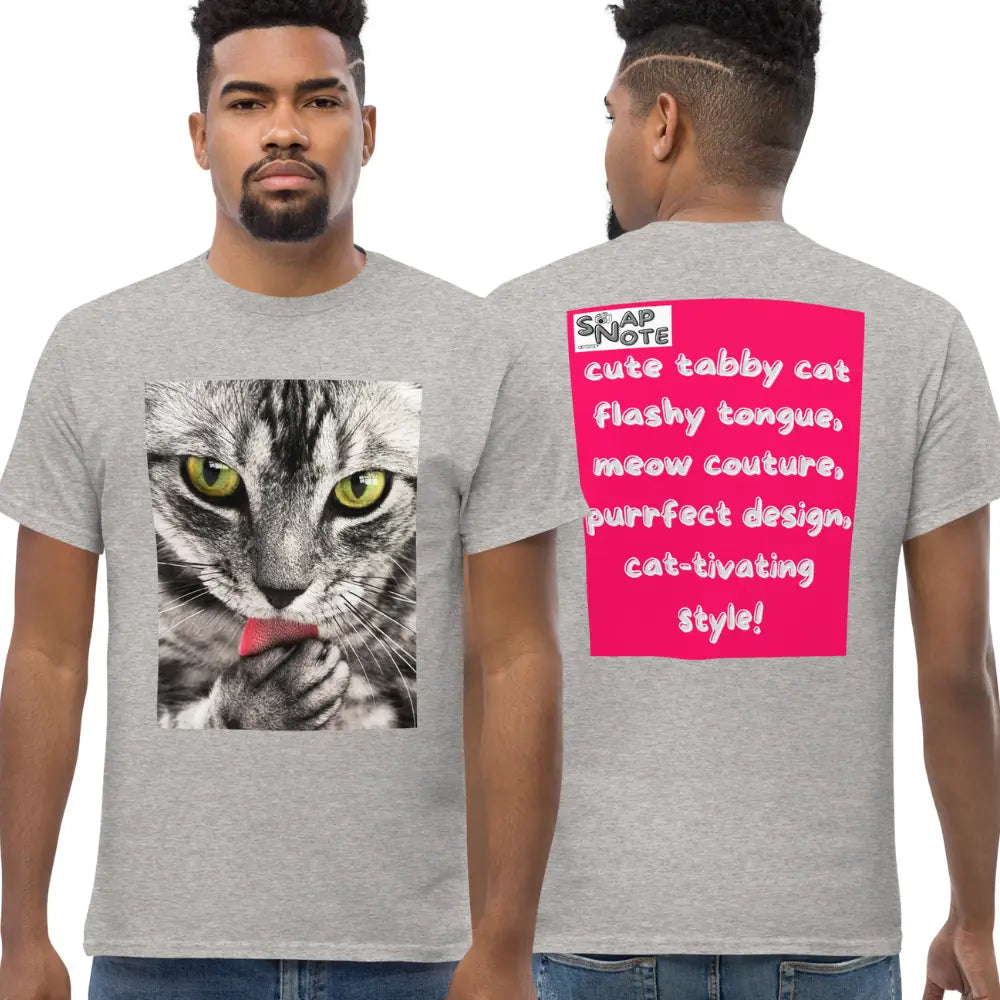 Man supermodel wearing T-Shirt TShirt Tee Men Women Teens Unisex Heavy Cotton Round Neck - animal pet tabby cat pink pattern - Sport-Grey - 34.90 - SnapNote streetwear