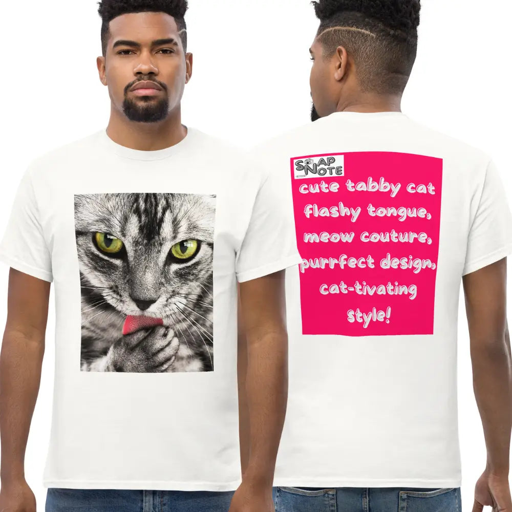 Man supermodel wearing T-Shirt TShirt Tee Men Women Teens Unisex Heavy Cotton Round Neck - animal pet tabby cat pink pattern - White - 34.90 - SnapNote streetwear