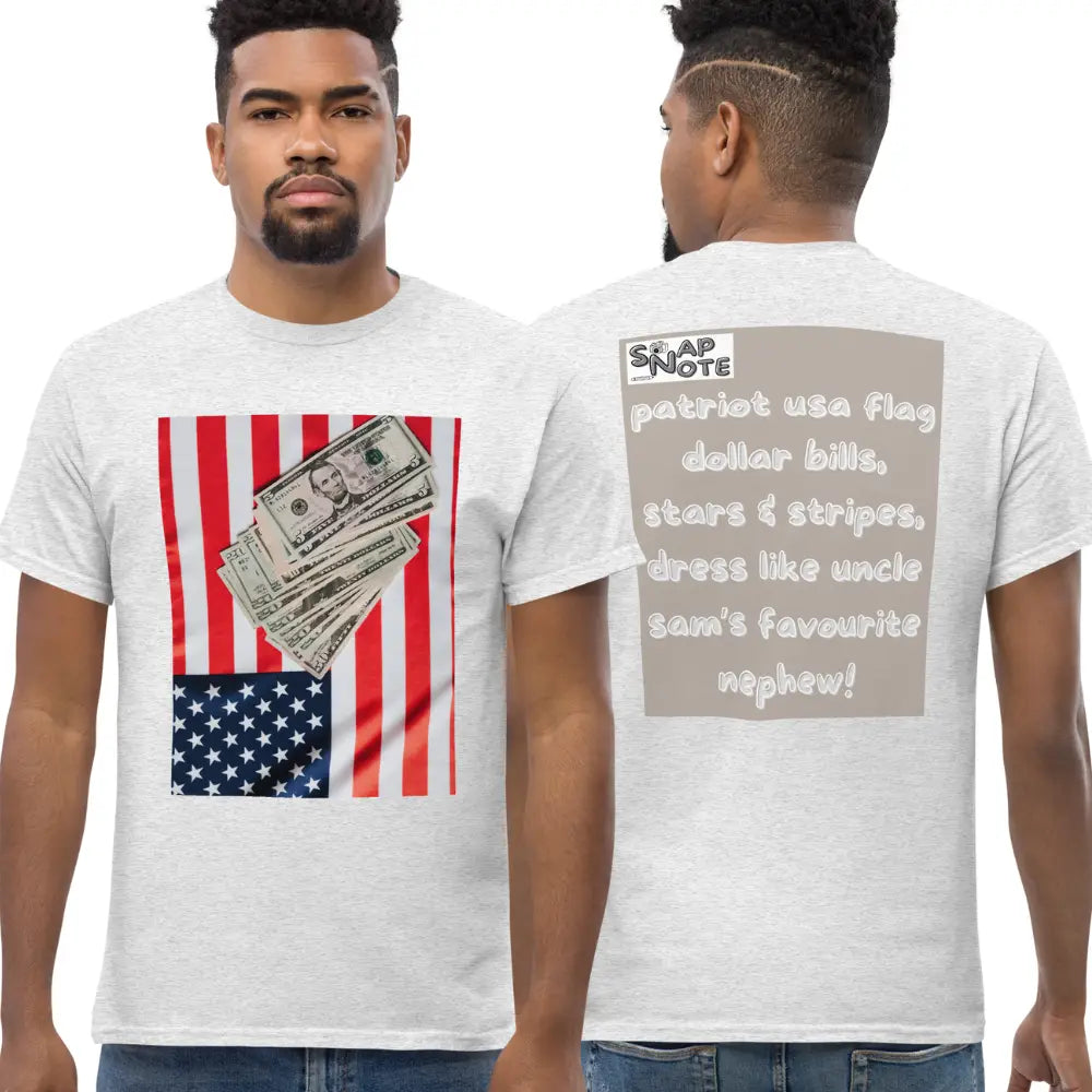 Man supermodel wearing T-Shirt TShirt Tee Men Women Teens Unisex Heavy Cotton Round Neck - usa flag dollar bills beige pattern - Ash - 34.90 - SnapNote streetwear