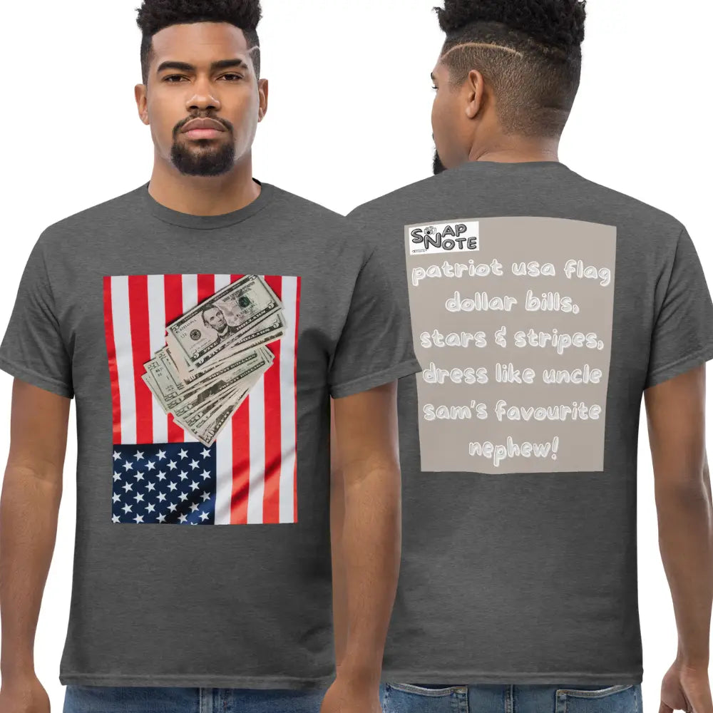 Man supermodel wearing T-Shirt TShirt Tee Men Women Teens Unisex Heavy Cotton Round Neck - usa flag dollar bills beige pattern - Dark-Heather - 34.90 - SnapNote streetwear