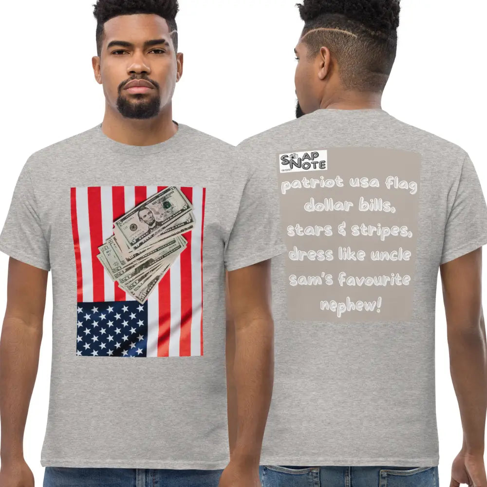 Man supermodel wearing T-Shirt TShirt Tee Men Women Teens Unisex Heavy Cotton Round Neck - usa flag dollar bills beige pattern - Sport-Grey - 34.90 - SnapNote streetwear