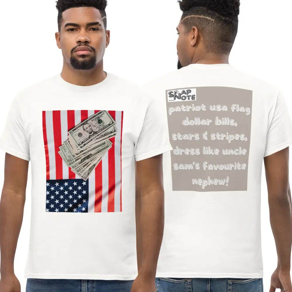 Man supermodel wearing T-Shirt TShirt Tee Men Women Teens Unisex Heavy Cotton Round Neck - usa flag dollar bills beige pattern - White - 34.90 - SnapNote streetwear