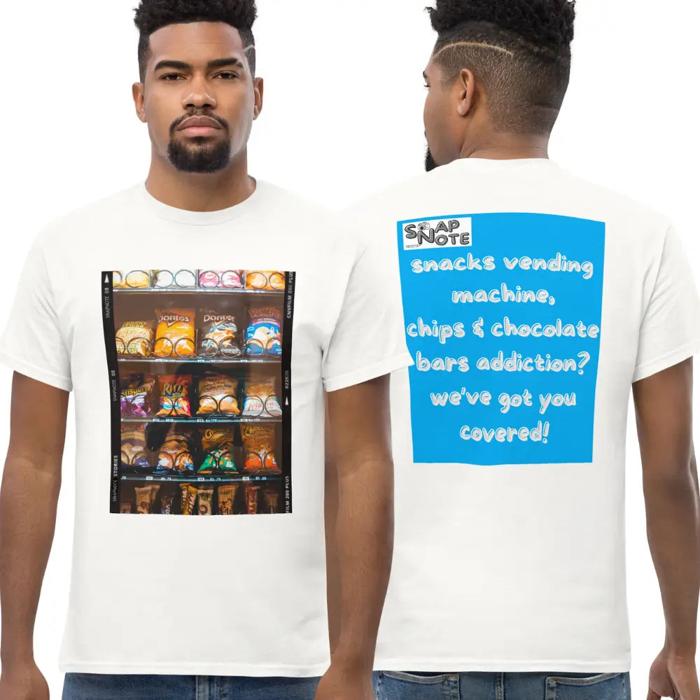 Man supermodel wearing T-Shirt TShirt Tee Men Women Teens Unisex Heavy Cotton Round Neck - snacks chips chocolate vending machine blue pattern - White - 34.90 - SnapNote streetwear