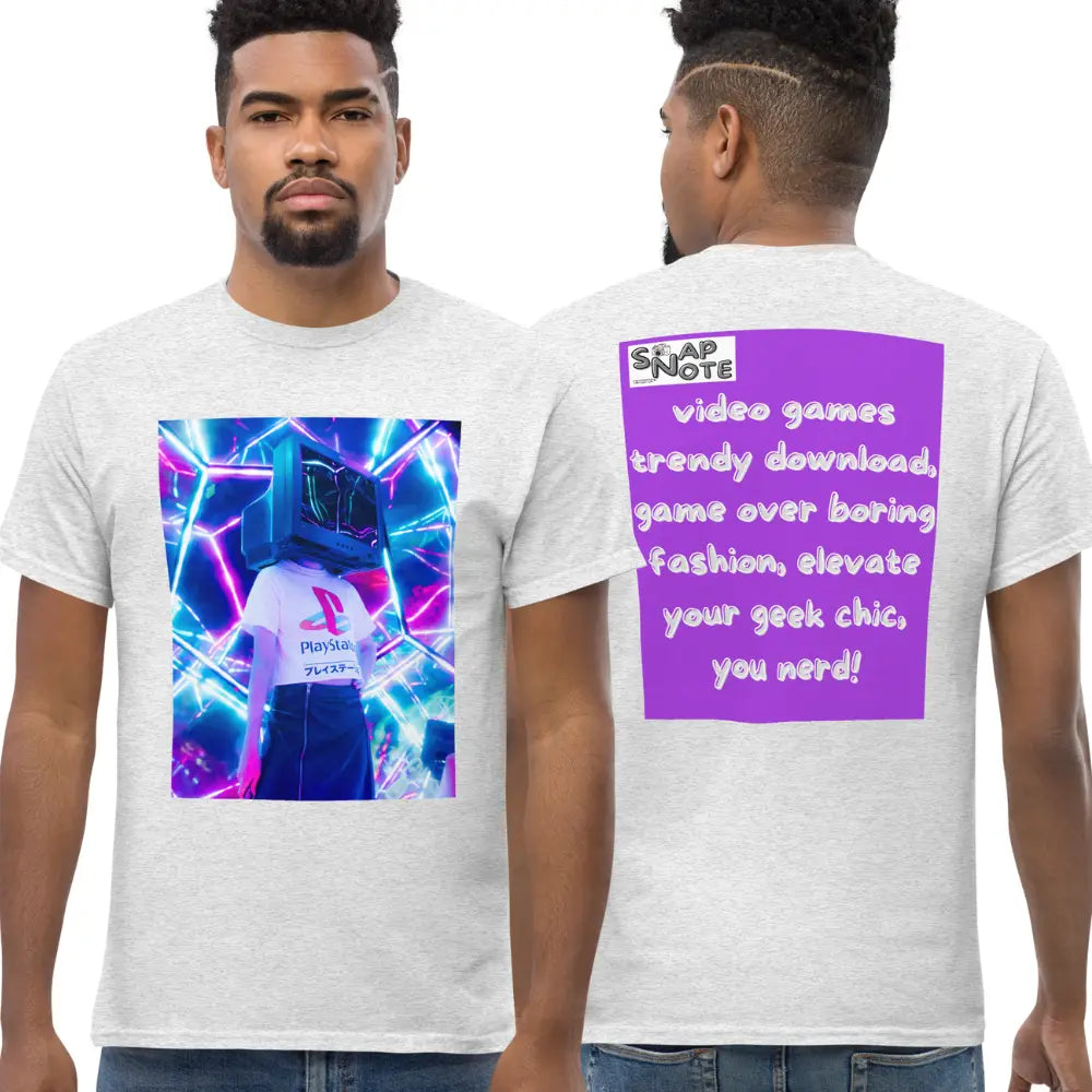 Man supermodel wearing T-Shirt TShirt Tee Men Women Teens Unisex Heavy Cotton Round Neck - video game geek player purple pattern - Ash - 34.90 - SnapNote streetwear