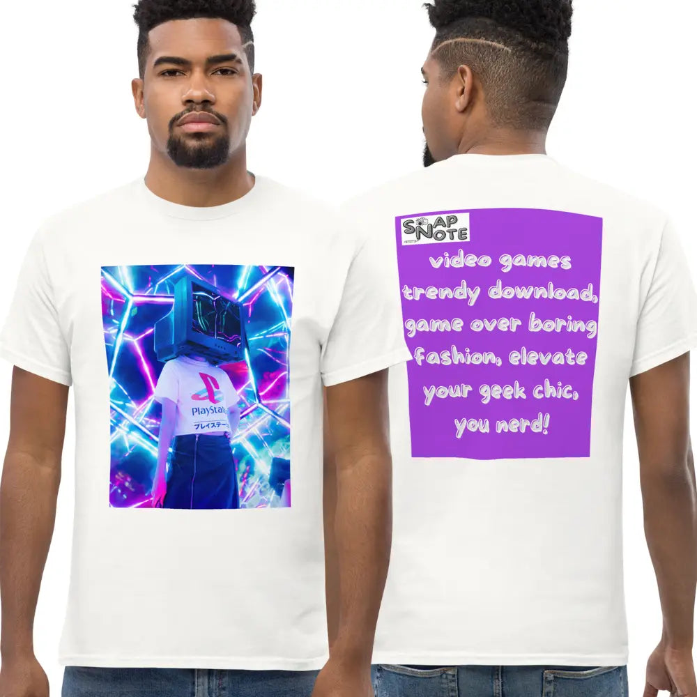 Man supermodel wearing T-Shirt TShirt Tee Men Women Teens Unisex Heavy Cotton Round Neck - video game geek player purple pattern - White - 34.90 - SnapNote streetwear